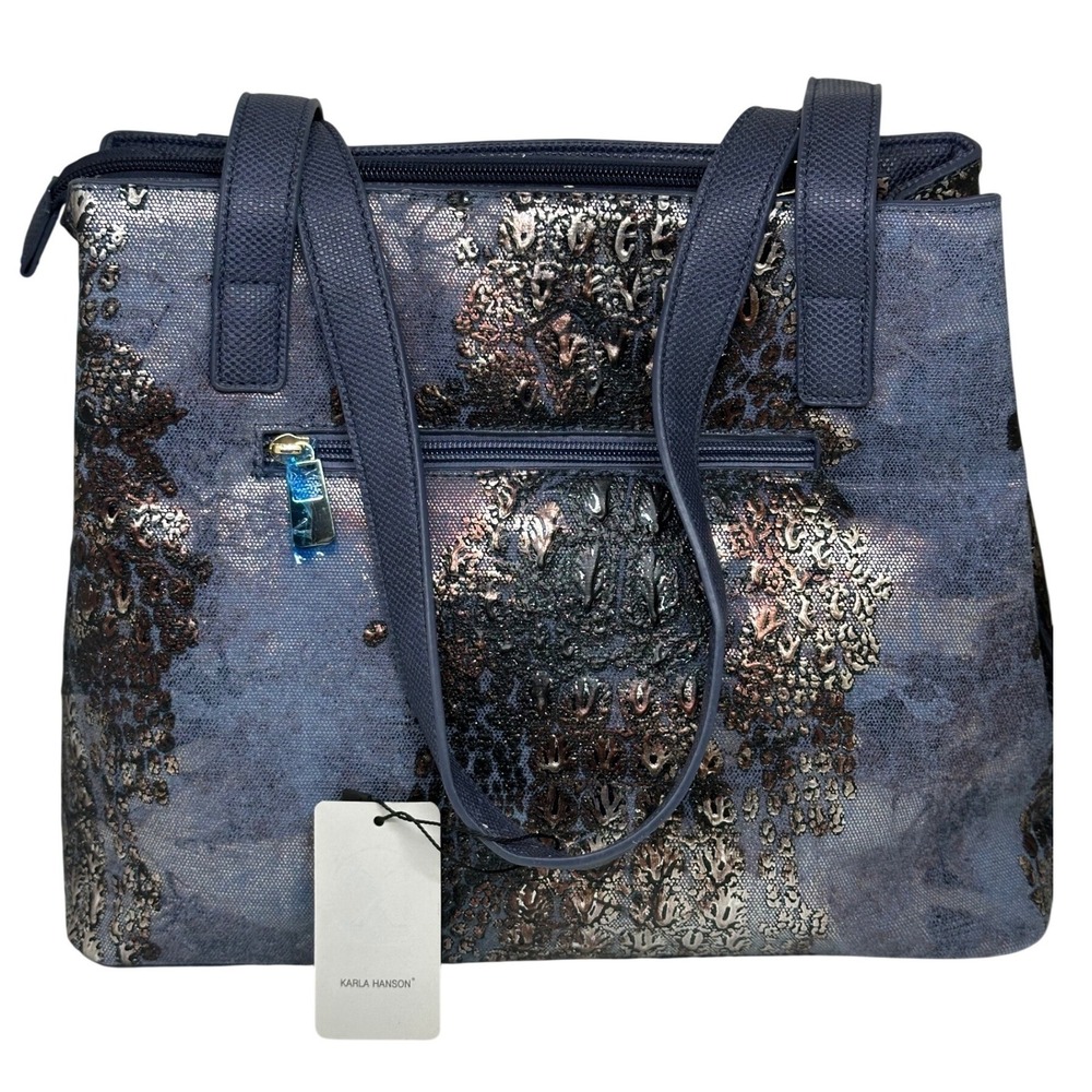Karla Hanson Shoulder Bag Navy Blue Metallic‎ Reptile Print RFID Tassel 80106
